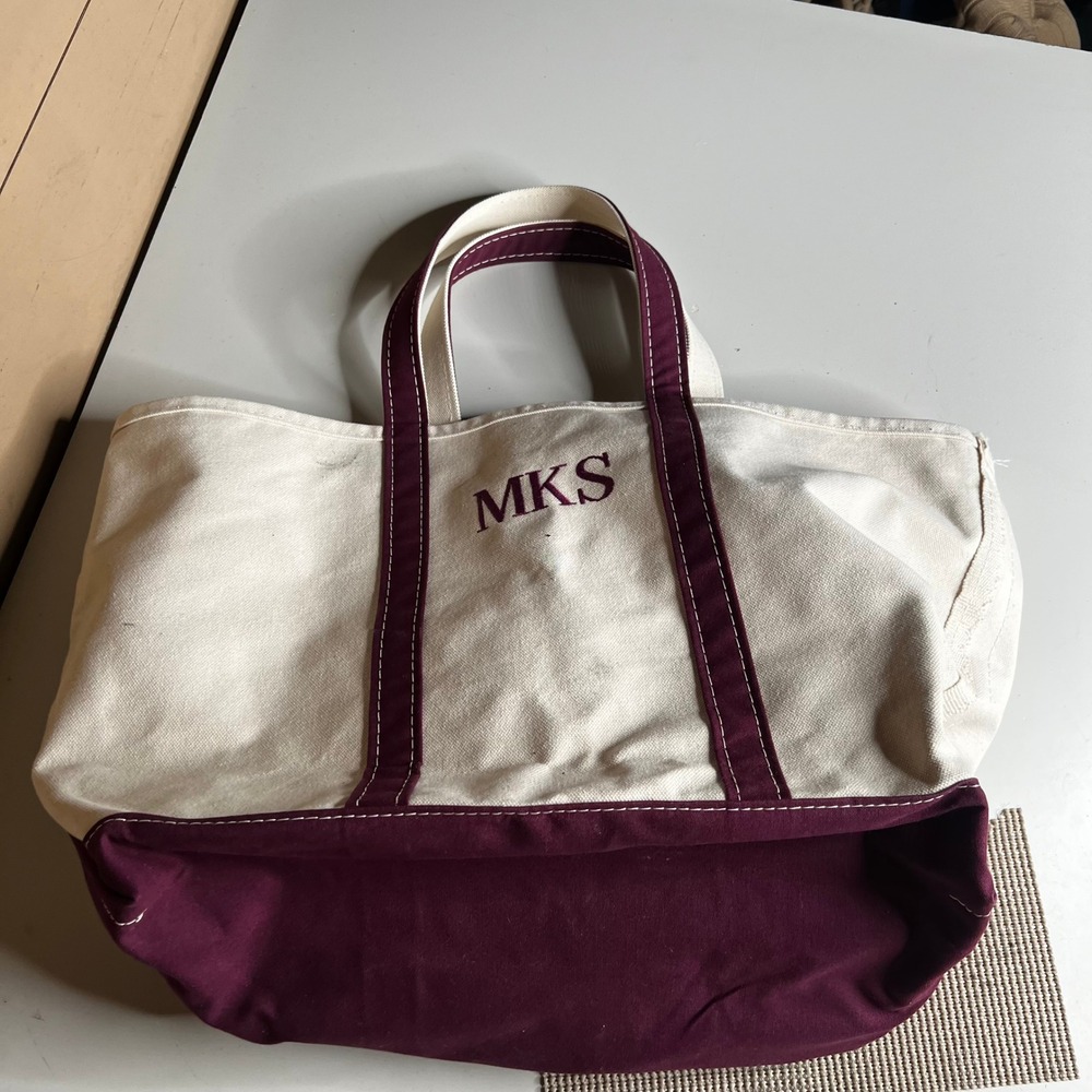 LL Bean Boat and Tote Canvas Bag Burgundy Monogram MKS Large Made in USA